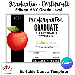 以下が含まれることがあります： Canvaで編集可能な幼稚園卒業証書のテンプレート。証明書には、緑の葉のついた赤いリンゴ、黒と白のストライプ、そして「2025 kindergarten GRADUATE THIS CERTIFICATE IS AWARDED TO Student's Name congratulations on completing Kindergarten! TEACHER TEACHER PRINCIPAL PRINCIPAL ABC ELEMENTARY SCHOOL Canva」というテキストが記載されています。