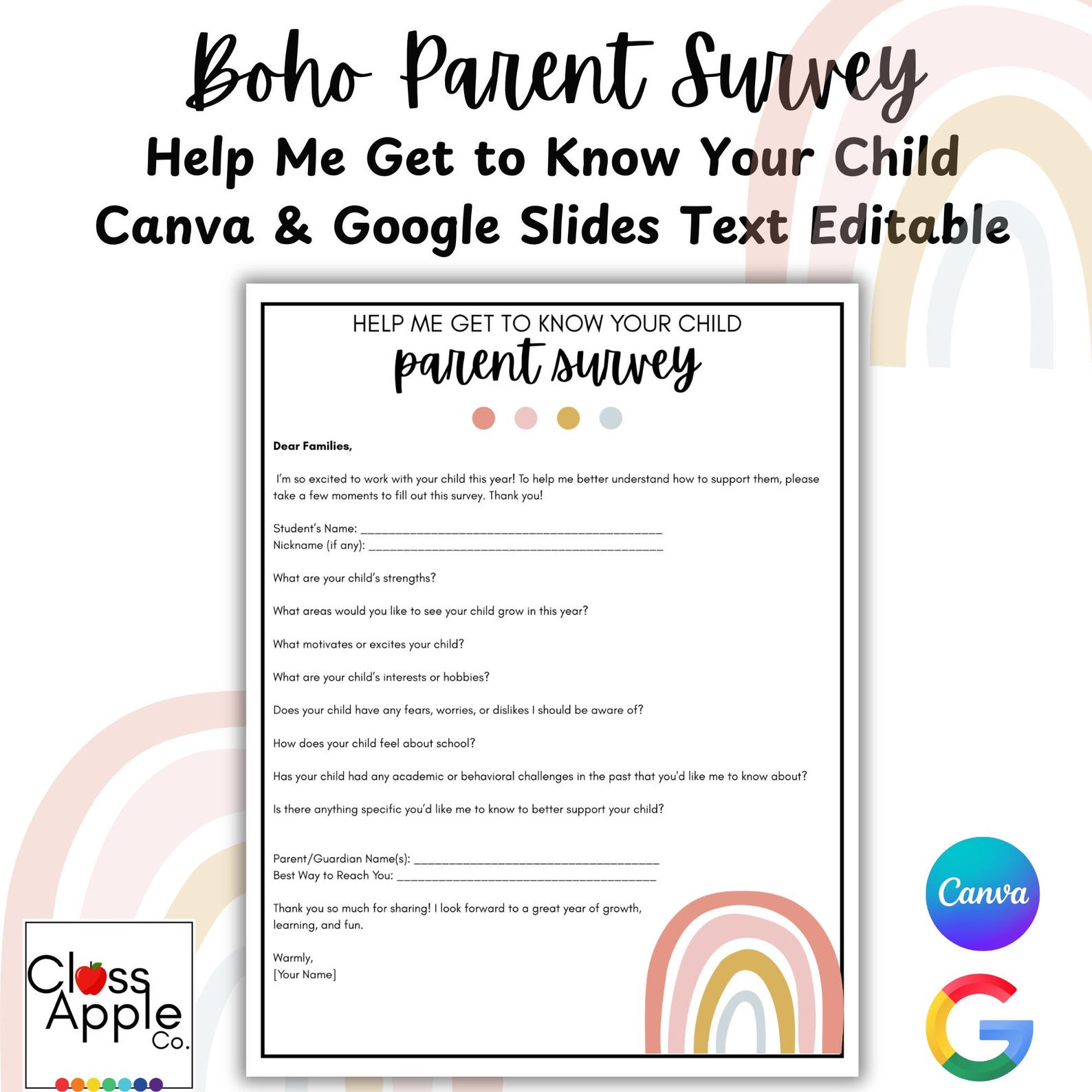 Boho Parent Survey | Get to Know Your Child Form | Editable Canva ...