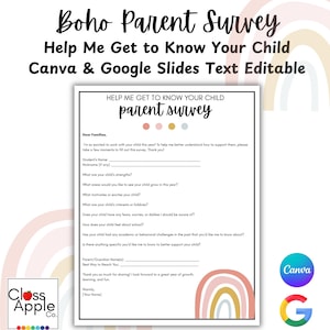 Peut inclure: Un questionnaire parental imprimable sur le thème boho. Le document comprend des questions sur les intérêts, les forces et les domaines de croissance de l'enfant. Le design présente un arc-en-ciel et est modifiable dans Canva et Google Slides.