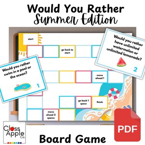 May include: A printable summer-themed board game with a beach scene and a sun. The game includes questions like "Would you rather swim in a pool or the ocean?" and "Would you rather have unlimited watermelon or unlimited lemonade?"