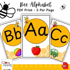 Puede incluir: Impresión PDF del alfabeto de las abejas con las letras A, B y C, cada una en un círculo amarillo con un contorno negro. La letra A tiene una manzana roja, B tiene una pelota de arcoíris y C tiene un coche verde. La imagen incluye ilustraciones de abejas.