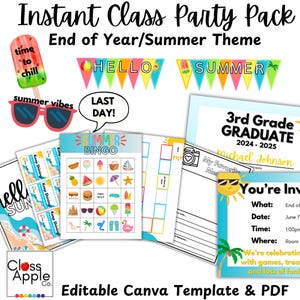 Instant Summer End of Year Party Pack | Classroom Party Kit | Printable & Editable | Canva Templates + PDFs
