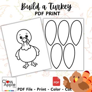 Może przedstawiać: Czarno-biały wydruk PDF indyka z oddzielnymi częściami ciała do kolorowania i montażu. Tekst "Build a Turkey PDF PRINT" znajduje się u góry. Logo Class Apple Co. znajduje się w lewym dolnym rogu.
