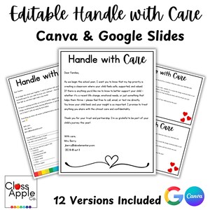 Plantilla de carta para padres "Tratar con cuidado" / Formulario editable de regreso a clases para maestros / Canva y Google Slides / Nota para conocer al maestro