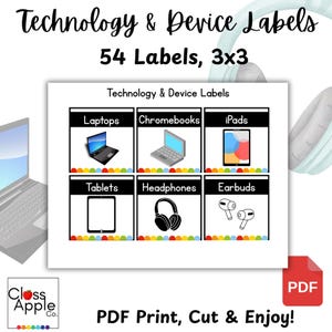Technology & Device Labels for Classroom | Chromebook, iPad, Laptop Tags | Teacher Organization Printables | ClassAppleCo