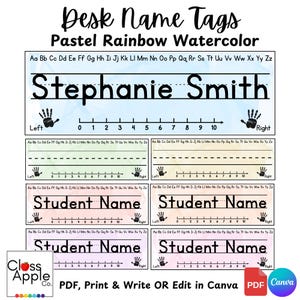 May include: Pastel rainbow watercolor desk name tags with the name "Stephanie Smith" and spaces for student names. Each tag includes a handwriting guide, a number line, and handprint graphics. The tags are printable and editable.