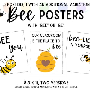 Może przedstawiać: Pięć drukowanych plakatów z motywem pszczół z czarnym tekstem i ilustracjami pszczół. Plakaty mają rozmiar 8,5 cala na 11 cali i są dostępne w dwóch wersjach, jedna z "bee" i jedna z "be".