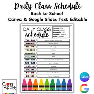 Op de afbeelding: Een witte, afdrukbare dagelijkse klassenrooster met een zwarte rand, met een schema van 7:45 tot 14:30 uur. Het schema bevat vakken als wiskunde, lezen en schrijven. De tekst "Daily Class Schedule" staat bovenaan, met "Back to School" eronder.