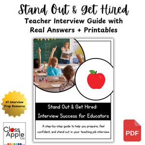 Op de afbeelding: Een gids voor sollicitatiegesprekken voor leerkrachten, getiteld "Stand Out & Get Hired", met de tekst "Teacher Interview Guide with Real Answers + Printables". De cover bevat een klaslokaal, een rode appelafbeelding en "Interview Success for Educators."