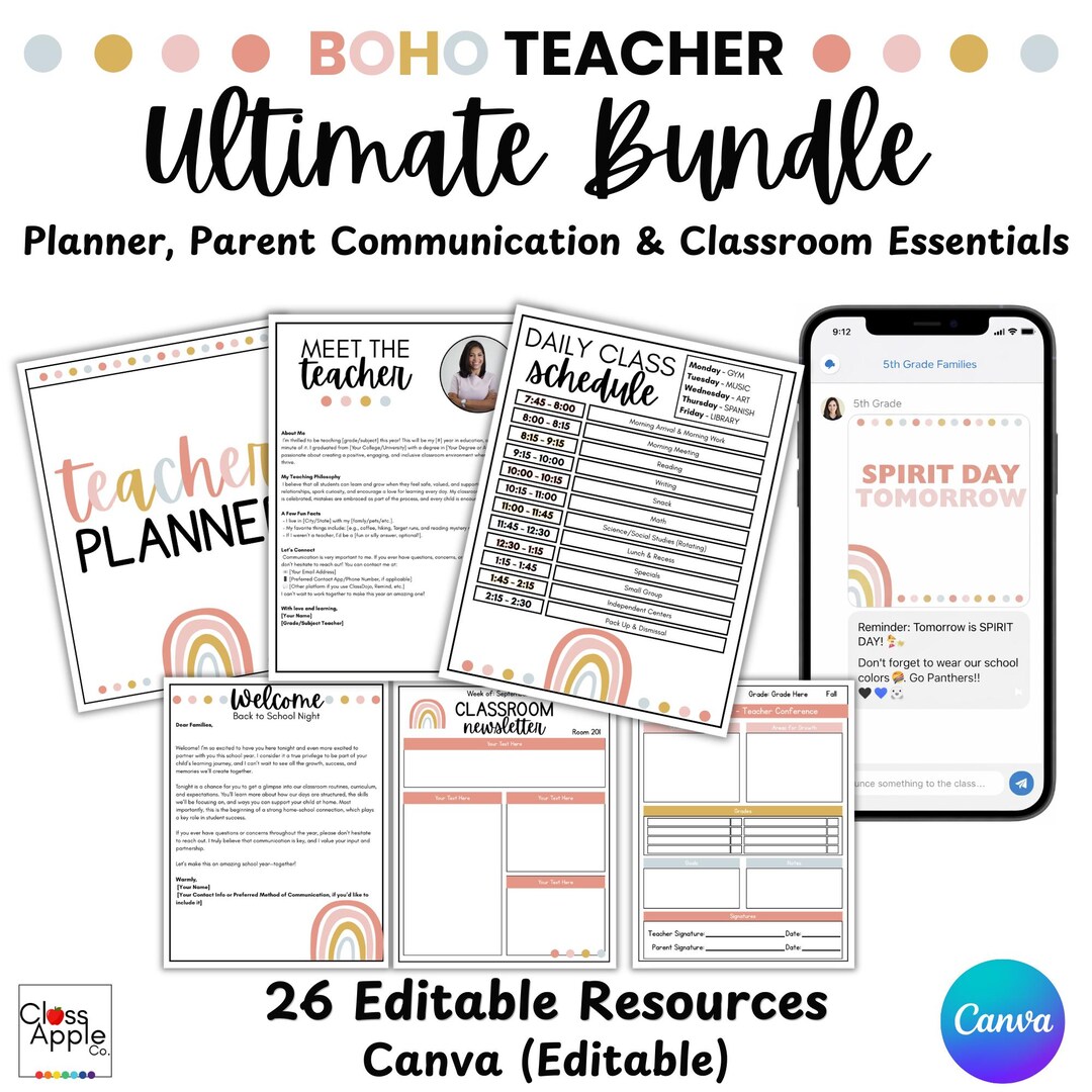 Boho Teacher Bundle Canva Editable | Teacher Planner, Parent ...