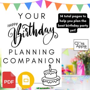 May include: A printable PDF guide for planning a birthday party. The cover features a colorful banner, the text "YOUR Birthday PLANNING COMPANION", and a black and white illustration of a birthday cake with a candle.