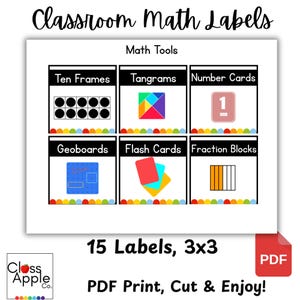 May include: A white sheet with the text "Classroom Math Labels" and "Math Tools". The sheet contains labels for math tools like Ten Frames, Tangrams, Number Cards, Geoboards, Flash Cards, and Fraction Blocks. The text "15 Labels, 3x3" is also present.