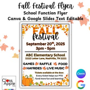 May include: A fall festival flyer with the text "Fall Festival Flyer" and "School Function Flyer". The flyer includes the date, time, and location of the event, along with a list of activities and a pumpkin graphic.