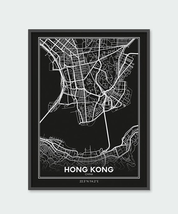 Wall Art Poster City Wall Decor HONG KONG Monochrome Map Print 