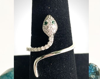 Snake Ring | Silver Serpent Ring | Green Eye Snake Ring | Animal Ring | Adjustable Snake Ring | Open Snake Ring | Dainty Ring