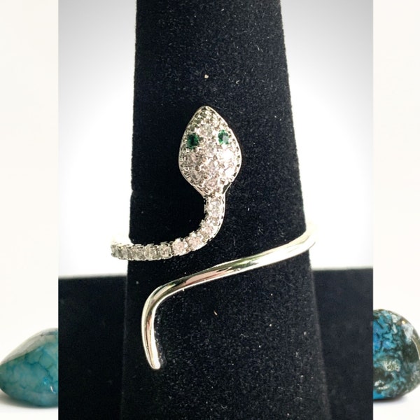 Snake Ring | Silver Serpent Ring | Green Eye Snake Ring | Animal Ring | Adjustable Snake Ring | Open Snake Ring | Dainty Ring