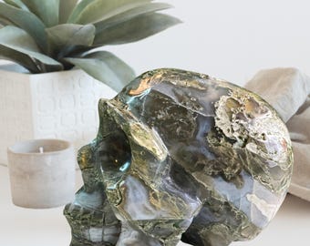 1.91 Lb Green Moss Agate Large Crystal Skull | Crystal Skull | Skull Carving | Agate Skull | Healing Crystal | Moss Agate Crystal | Agate