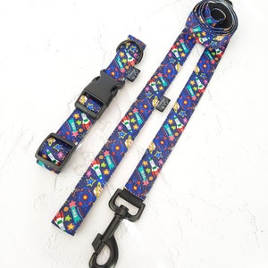 Matching Dog Collar and Lead Set Planet dog collar Fabric dog leash Designer dog collar Girl dog collar Dog leash Dog gift Dog accessor