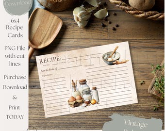May include: A vintage-style 6x4 recipe card with a watercolor illustration of baking ingredients. The card features lines for recipe details and the text "Recipe" and "Vintage Bakery". The card is a PNG file with cut lines.