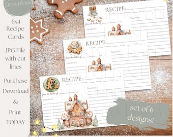 May include: Set of six printable 6x4 inch recipe cards featuring gingerbread house illustrations. The cards have lines for writing down ingredients, directions, prep time, cook time, servings, and preheat temperature. The text "from the kitchen of" is included on each card.