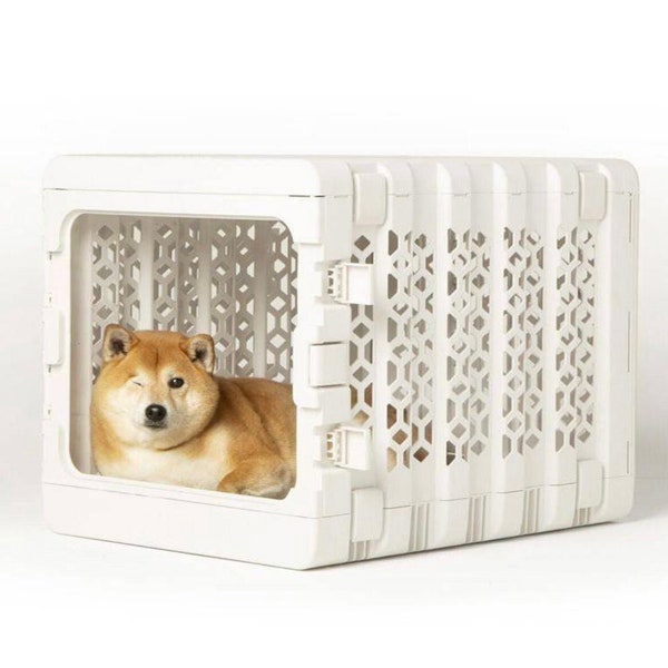 Modern Collapsible White Plastic Dog & Pet Crate with Pet Crate Bed