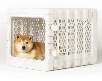 Modern Collapsible White Plastic Dog & Pet Crate with Pet Crate Bed