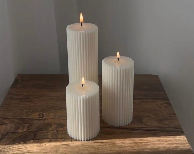 Column Ribbed Soy Pillar Candle, Aesthetic Modern Home Decorative Non-Toxic Handmade Unscented Pillar, Gift, For her, Anniversary