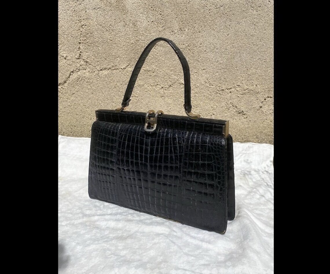 Sac noire vintage des années 40 en cuir façon crocodile très | Etsy