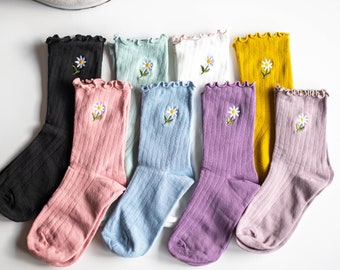 Blumen Socken mit Rüschen in 8 Farben - 100% Baumwolle