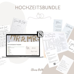 May include: A collection of wedding-themed stationery and digital templates. Includes a laptop displaying a wedding planner, save-the-date cards, menu cards, and a crossword puzzle. The text "Hochzeitsbundle" is at the top.