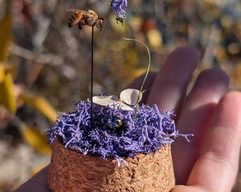 Flying Honeybee and Purple Flower Mini Bottle Oddity Display