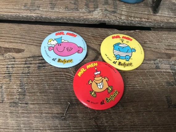 Vintage Mr Men at Beefeater Pin Button Badges x3 w