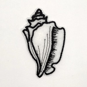 May include: A black and white embroidered patch of a seashell. The seashell is a conch shell with a pointed tip and a wide, rounded opening.