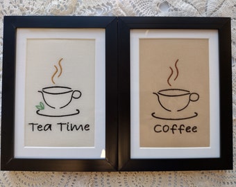 Embroidered Coffee/Tea Art - Framed Art - Kitchen & Home Decor - Gifts - Coffee Lover - Tea Lover - Office Decor