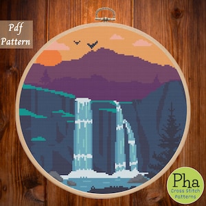 Waterfall Cross Stitch Pattern, counted cross stitch chart, xstitch chart,9 inch, violet, purple, landscape embroidery, INSTANT DOWNLOAD PDF