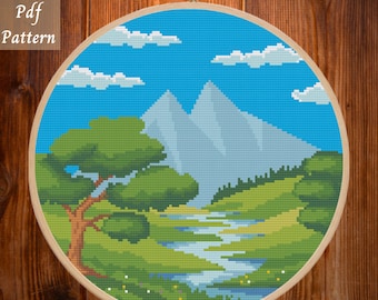 Nature Cross Stitch Pattern, Modern Cross Stitch Pattern, Sunset Cross Stitch Pattern, Mountain, River, Landscape, Tree, Water, PDF Pattern