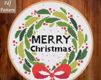 Christmas Cross Stitch Pattern, Merry Christmas Cross Stitch Chart, Christmas Ornament, Christmas Gift Counted Chart, 8 inch PDF DOWNLOAD