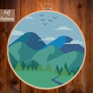 Kreuzstichvorlage Landschaft Berge Natur, Zählmuster Kreuzstichvorlage, Stickbild, SOFORT DOWNLOAD PDF