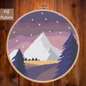 Kreuzstichvorlage Winter Berge Landschaft, Kreuzstichvorlage, Zählmuster, Tiere, rosa, Stickerei, 25 cm, SOFORT DOWNLOAD PDF