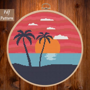 Cross Stitch Pattern Sunset View cross stitch cart, nature, landscape counted chart, easy cross stitch pdf pattern, INSTANT DOWNLOAD PDF