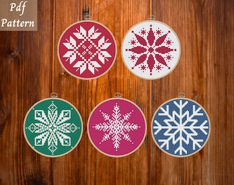 Snowflakes cross stitch patterns, set of five, fun patterns for cards or Christmas tree, 4inch, Christmas Ornaments,instant download PDF
