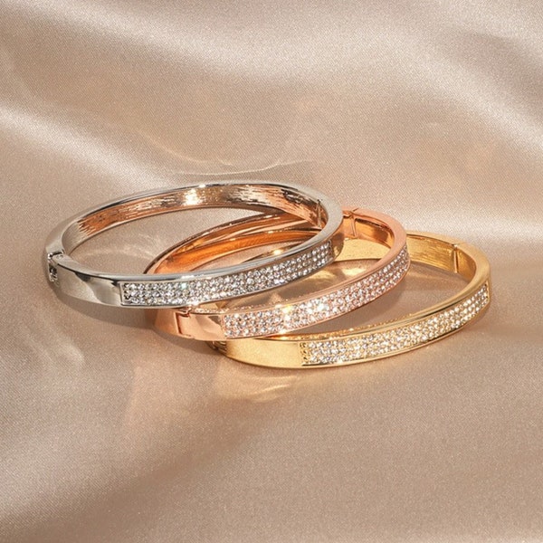 Rose Gold Bangle Bracelet, Gold Silver Bangle Bracelet, CZ Cubic Zirconia, Cuff Bracelet, Minimalist Jewelry Layering Bracelet, Gift for her