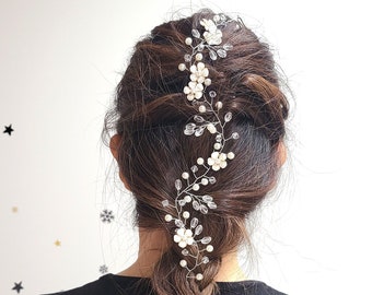 Bridal Hair Vine with White Enamel Flowers with Pearl and Crystal Wedding Hair Accessory Silver Wedding Hair Vine  Floral Bridal Hair Piece