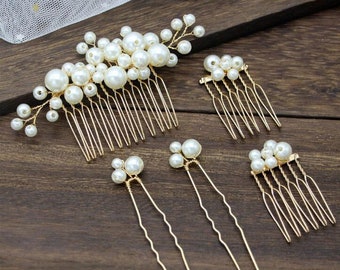 Pearl Hair Comb and Pearl Hair Pin Set - Wedding Hair Accessories, Gold Hair Comb, Silver Hair Comb, Rose Gold Hair Comb, Bridal Hair Piece