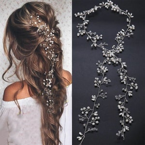 Long Silver Bridal Hair Vine Wedding Hair Accessory White Pearl Crystal and Rhinestone Handmade Wedding Hair Vine, Bridal Hair Jewelry Boho