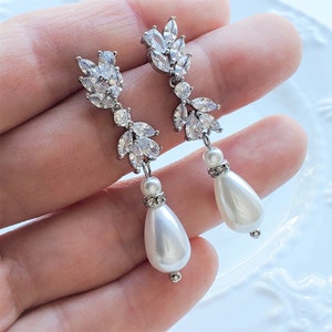 Pearl Earrings - Pearl Drop Earrings  Silver CZ Earrings Bridal Earrings Bridesmaids earrings Silver Wedding Earrings Bridesmaids jewelry