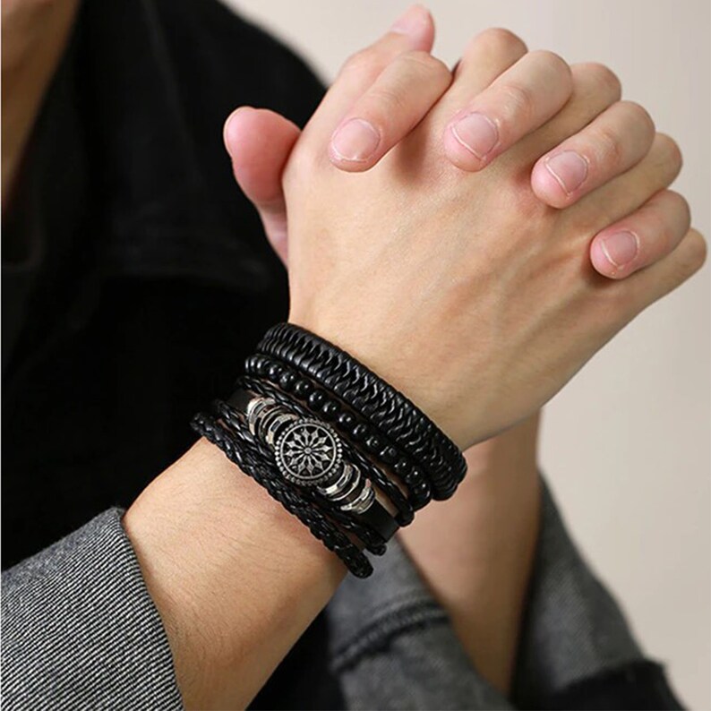 Men's Black Leather Bracelet Set Braided Bracelet Wood Etsy