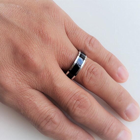 6mm Black Silver Stainless Steel Ring Wedding Band Man Men s