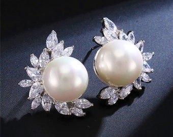 Pearl Stud Earrings • Pearl CZ Earrings Cubic Zirconia Earrings Bridal Earrings Jewelry Wedding Bridesmaids gift
