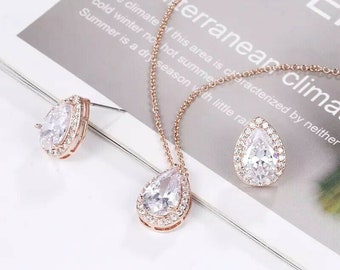 Bridal Necklace, Bridal Earrings, Rose Gold Bridal Necklace, Bridal Jewelry SET, Bridal Jewelry, Crystal Wedding Necklace, Wedding Jewelry